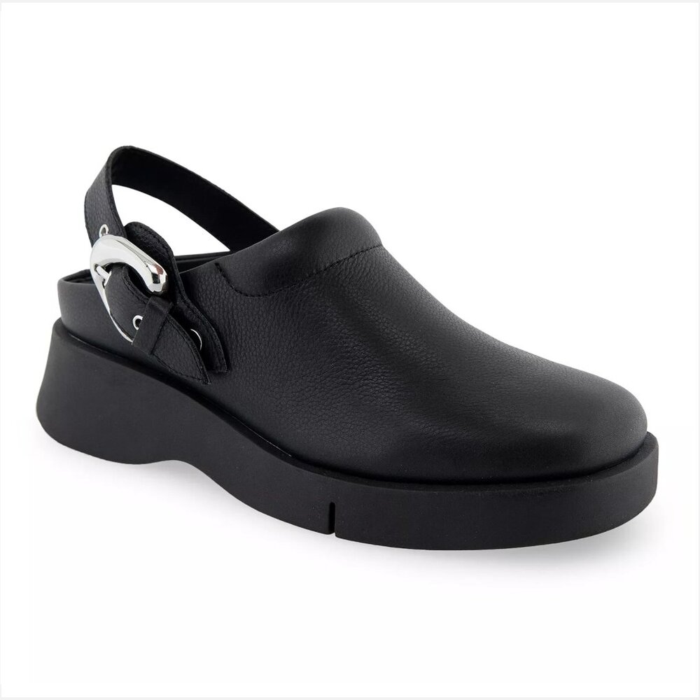 Aerosoles Black Leather Silver Buckle Platform Clogs Women US 7.5M